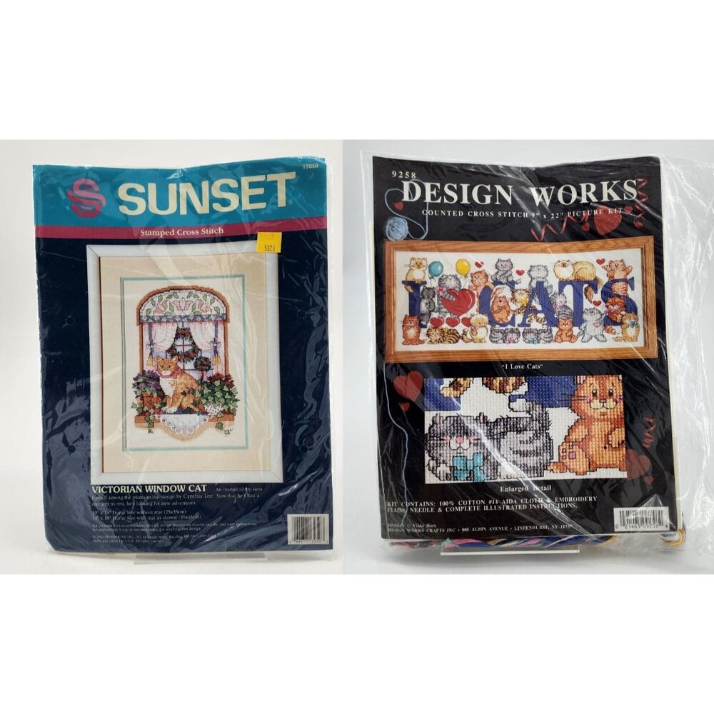 NEW x2 Cross Stitch Kits Design‎ Works #9277 Home Sunset #13050 Window Cats
